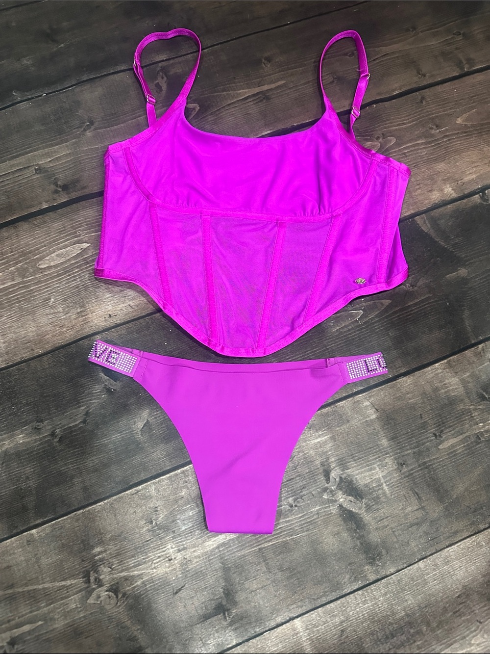 Neon Magenta Corset Bandeau & Rhinestone Thong Set - Women's Intimates